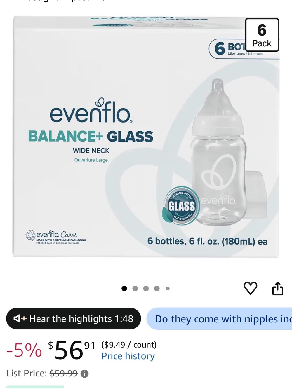 Balance+ Glass Wide Neck Baby Bottles - Clear (6 Pack) 6oz NEW